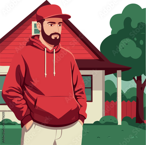 Man wearing red hoodie and cap standing in front of suburban house with garden and trees vector illustration