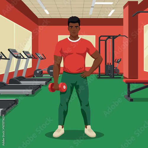 Man lifting dumbbell in gym fitness center with treadmills and exercise machines indoor workout scene