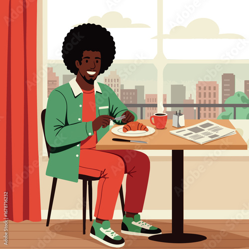 Man with afro hairstyle eating breakfast croissant drinking coffee reading newspaper in urban cafe interior lifestyle scene