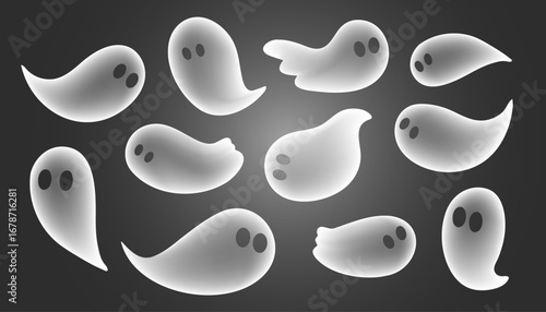 Cute white ghosts set for Halloween designs. Funny spooky boo characters