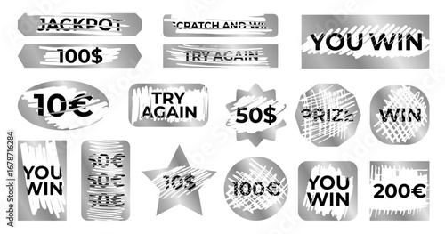 Silver lottery tickets shapes collection. Scratch card surfaces with scraped textures and text: win, jackpot, prize etc
