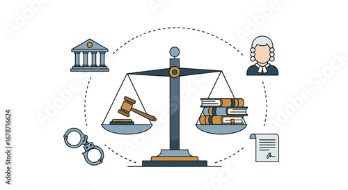 A Conceptual Illustration Of Justice Depicts Legal Elements, Including A Courthouse, Judge, Scales Of Justice, Books, Handcuffs, And A Signed Document.