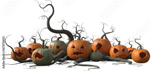 A group of carved pumpkins with spooky faces and twisted branches