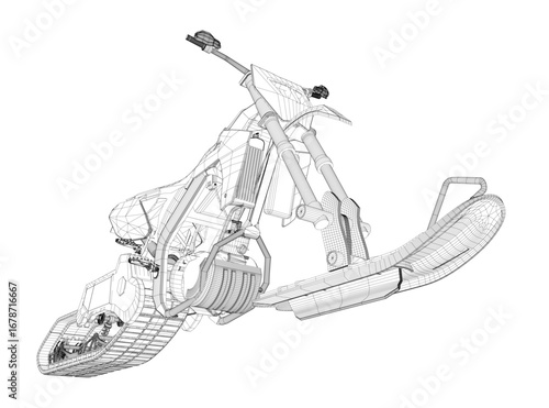 Snowbike motor wireframe model on white background, featuring intricate lines and realistic curves.