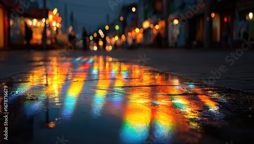 Wallpaper Mural Colorful reflections in a puddle on a city street at night Torontodigital.ca