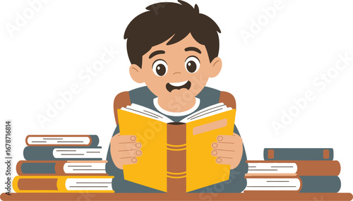 Boy Reading a Book with Stacks of Books