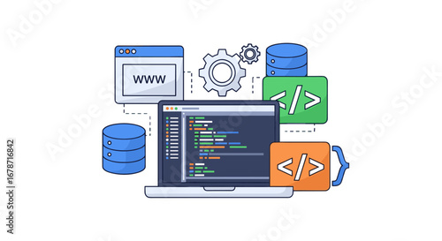 A Depiction Of Software Development, This Image Prominently Showcases A Laptop Displaying Lines Of Code, Alongside Web Elements, Databases, And Coding Symbols, Illustrating Modern