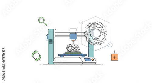 A Detailed Illustration Of A 3D Printer, Showcasing The Process Of Creating A Geometric Object, Perfect For Educational And Technological Content. With Comprehensive Details And Informative