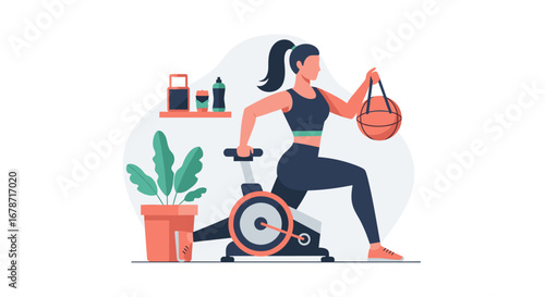 A Fitness Illustration Depicts A Woman Exercising. A Woman Is Exercising On A Stationary Bike, With A Fitness Ball In Hand, In A Modern, Minimalist Style, Perfect For Health And Wellness