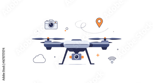 A Modern Drone Illustration Showcases Aerial Technology With Camera, Location Pin, And Wireless Connectivity Elements, Perfect For Tech Related Projects.