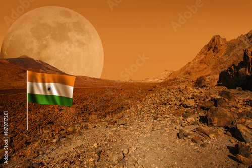 Fototapeta Naklejka Na Ścianę i Meble -  Fiction background with Indian flag. Cosmos discover expedition.