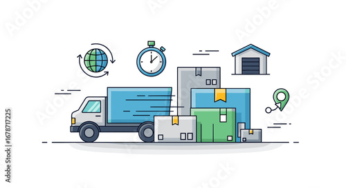 A Vibrant Illustration Showcasing A Delivery Truck, Surrounded By Packages, A Globe, A Stopwatch, A Warehouse, And A Location Pin, Symbolizing Logistics, On Time Shipping, And Global