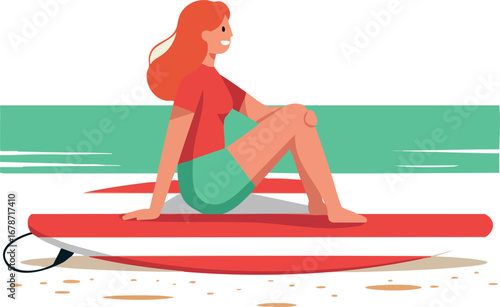 Woman sitting on red surfboard in ocean water enjoying summer leisure activity outdoor lifestyle