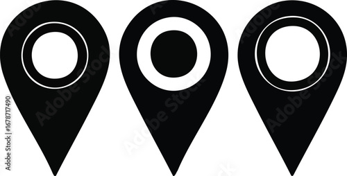 Three black map pins symbolizing navigation, travel, and location services