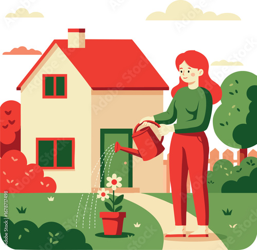 Woman watering flowers in garden outside house with red roof and green trees vector illustration