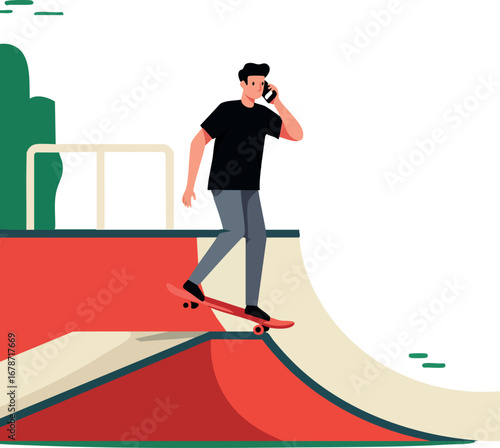 Skateboarder using phone while riding on red skate park ramp in casual style vector illustration
