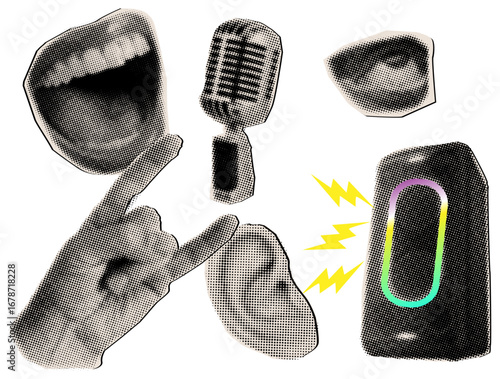Trendy halftone collage elements set, open mouth, eye, hand rock gesture, speaker,trendy collage cut out elements,magazine style 