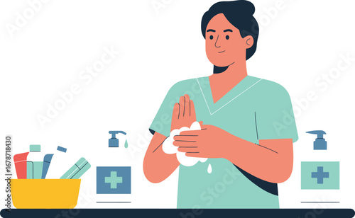 Healthcare worker washing hands with sanitizer