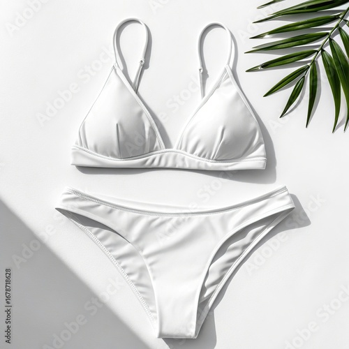 Chic white bikini set flat lay with palm leaf shadow mockup
