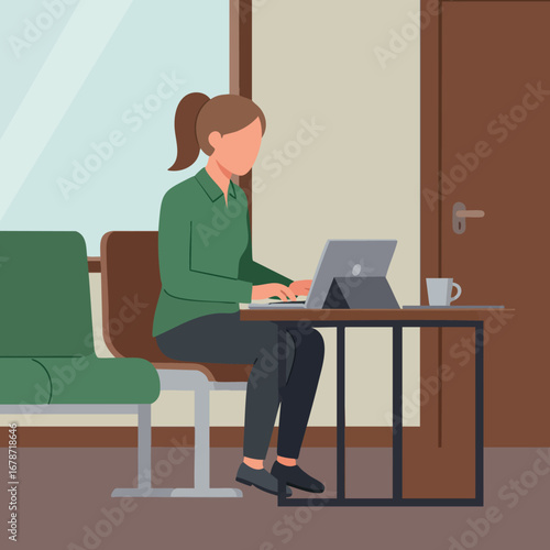 Woman working on tablet at desk in modern office interior with green chair and coffee cup