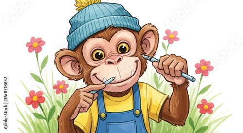 Dreamy gouache monkey illustration, mischievous garden spirit.