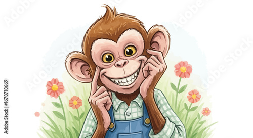 Dreamy gouache monkey illustration, mischievous garden spirit.