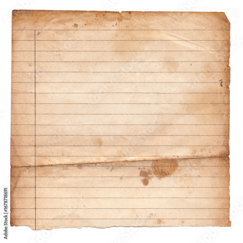 Weathered vintage lined paper sheet with brown stained spots isolated on white background. Aged old lined rusted piece of notebook paper page