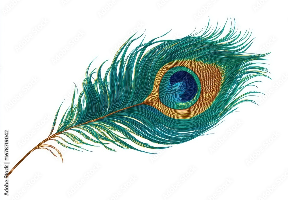 Obraz premium Vibrant peacock feather against white