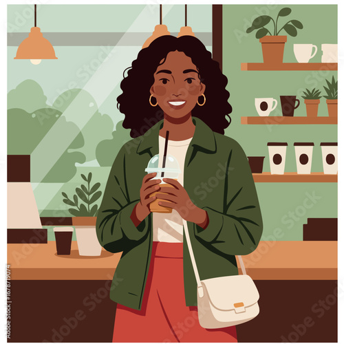 Smiling woman holding iced coffee cup in modern cafe interior with plants and warm lighting vector illustration