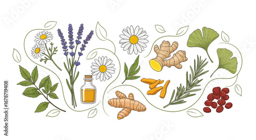 Organic herbal remedies with natural ingredients and flowing lines.