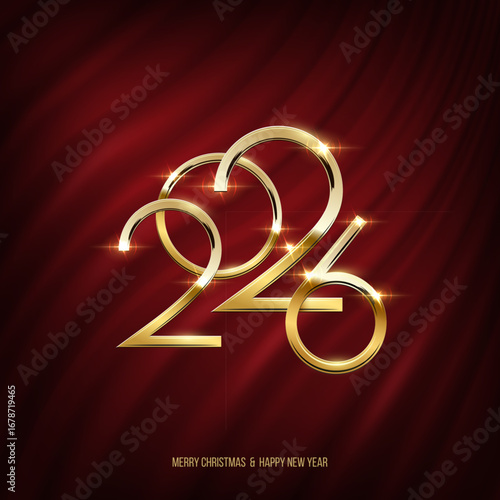 2026 Happy New Year greeting card vector illustration. Festive Christmas social media banner. Golden numbers 2026 and congratulation text on luxurious red curtain background.