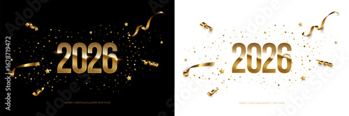 2026 Happy New Year greeting card vector background. 2026 golden numbers with confetti and congratulation text on black and white. Luxury festive sparkle holiday postcard, invitation, banner.