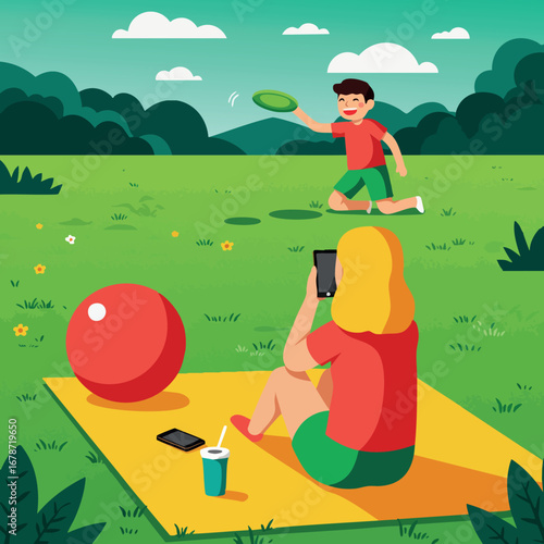Children playing outdoor frisbee game on green grass field with picnic elements in summer park vector illustration