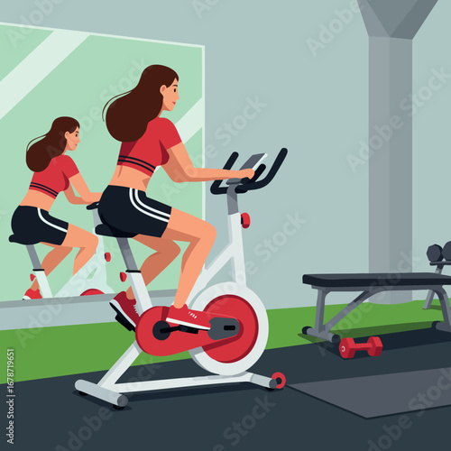 Woman exercising on stationary bike in gym with mirror reflection and workout equipment vector illustration