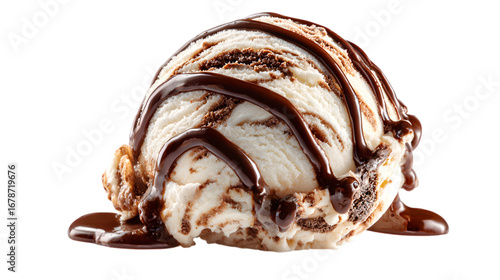 Indulge in creamy vanilla ice cream swirled with rich chocolate fudge and drizzled with decadent sauce isolated on white background