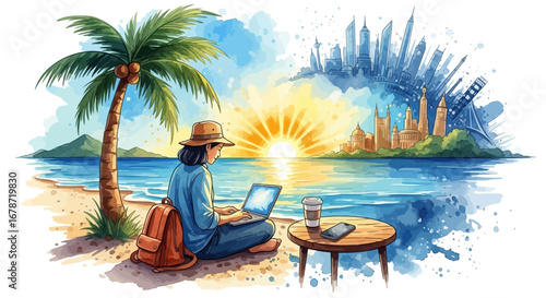 Watercolor illustration of remote work and digital nomad lifestyle.