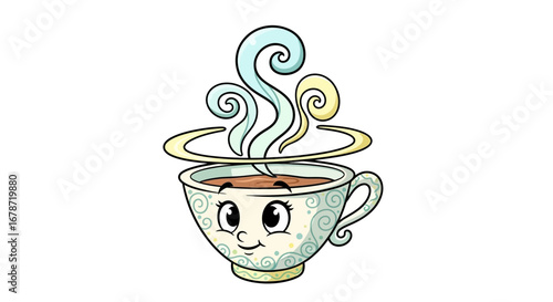 Whimsical teacup mascot elegant classic animation for brands.