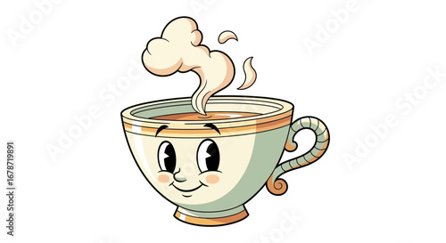 Whimsical teacup mascot elegant classic animation for brands.