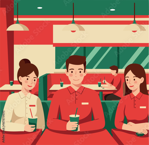 Group of people enjoying drinks together inside casual cafe interior with modern green and red color scheme