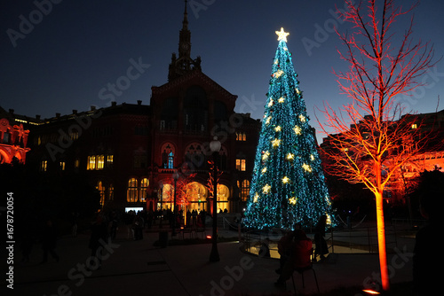 Photography Christmas tree in front cathedral at night in Barcelona, Spain