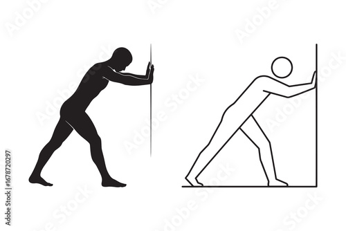 Man Doing Calf Stretch Exercise Against Wall, Vector Icon Set.