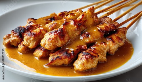 Close-up of chicken satay skewers coated in a rich, golden-orange sauce