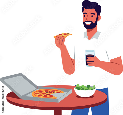 Man enjoying pizza slice with drink and salad on table casual meal happy lifestyle vector illustration