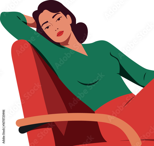 Woman resting on red chair wearing green top and red pants vector illustration in relaxed pose