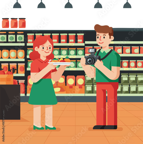 Young woman presenting food plate to man taking photo with camera in grocery store aisle vector illustration