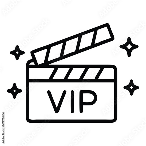 Hand-drawn icon of a clapperboard with 'vip' written on it surrounded by sparkling stars representing success and entertainment industry recognition