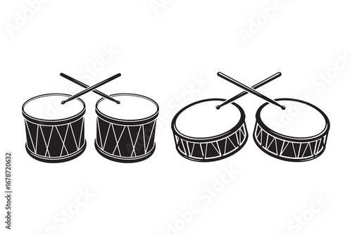 Black and White Marching Drum Vector Illustration with Drumsticks