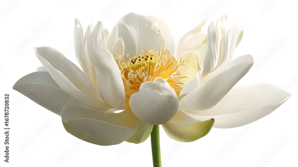 Fototapeta premium Elegant white lotus flower in full bloom, radiating serenity and natural beauty for peaceful designs isolated on white background