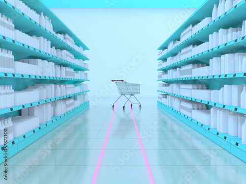 Futuristic 3D rendering of virtual reality shopping in a digital aisle