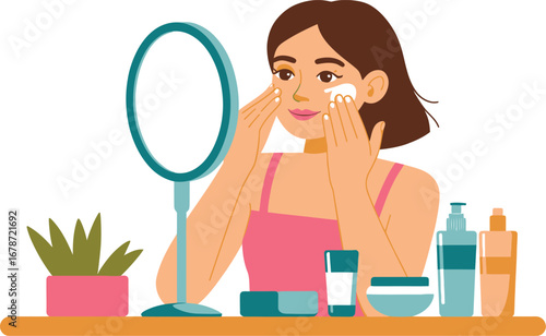 Woman Applying Face Cream in Front of Mirror